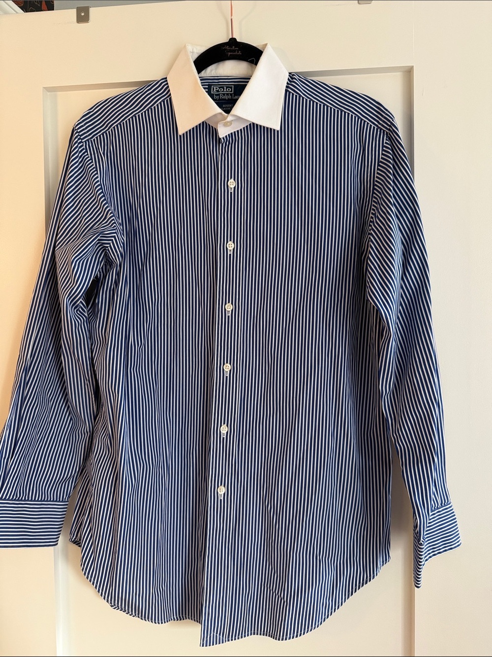 Polo by Ralph Lauren Blue and White Stripe Dress Shirt with White Collar